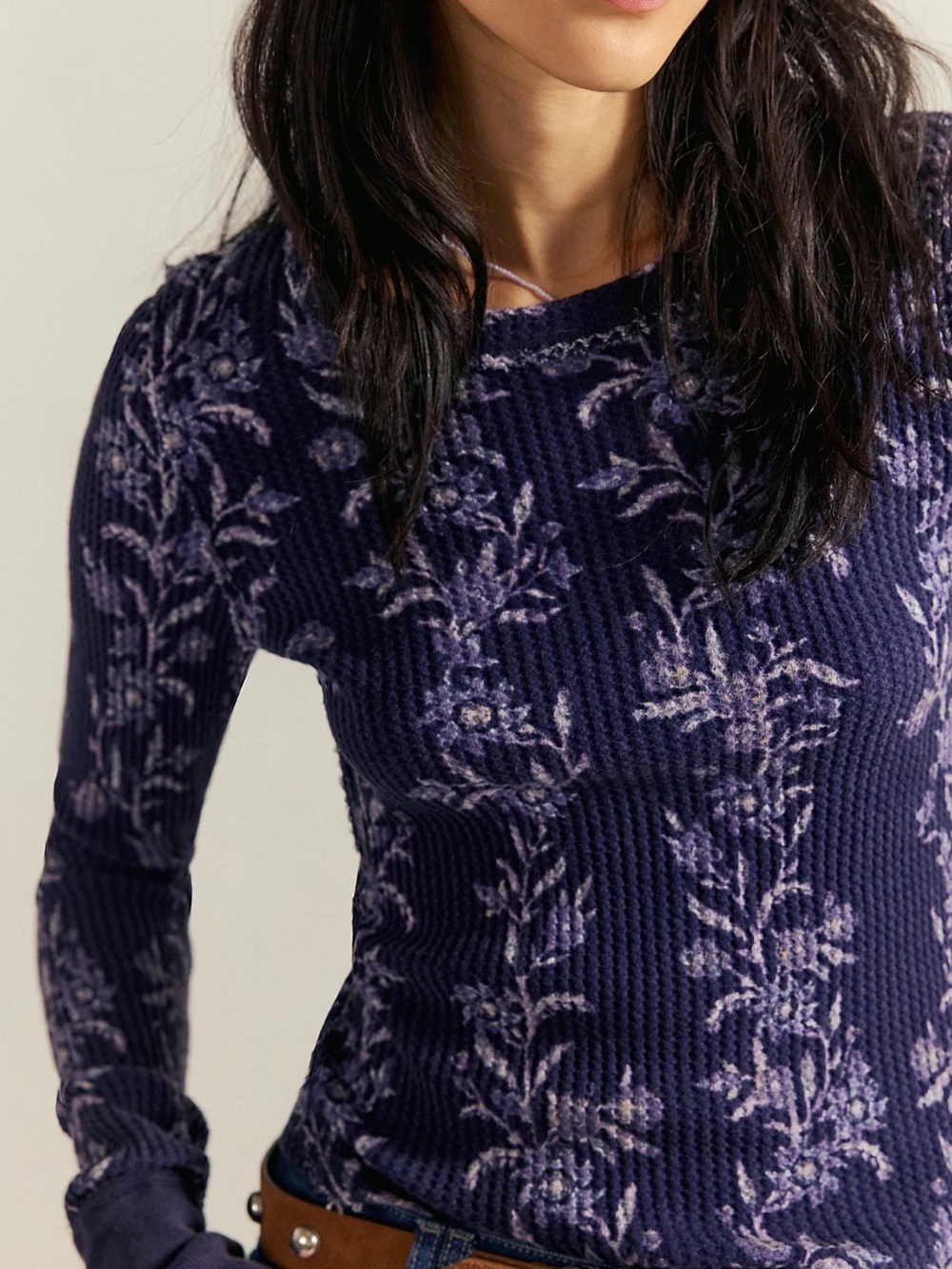 We The Free Navy Floral Crewneck Waffle Knit Sweater